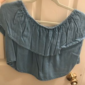 Light blue ruffled off the shoulder shirt
